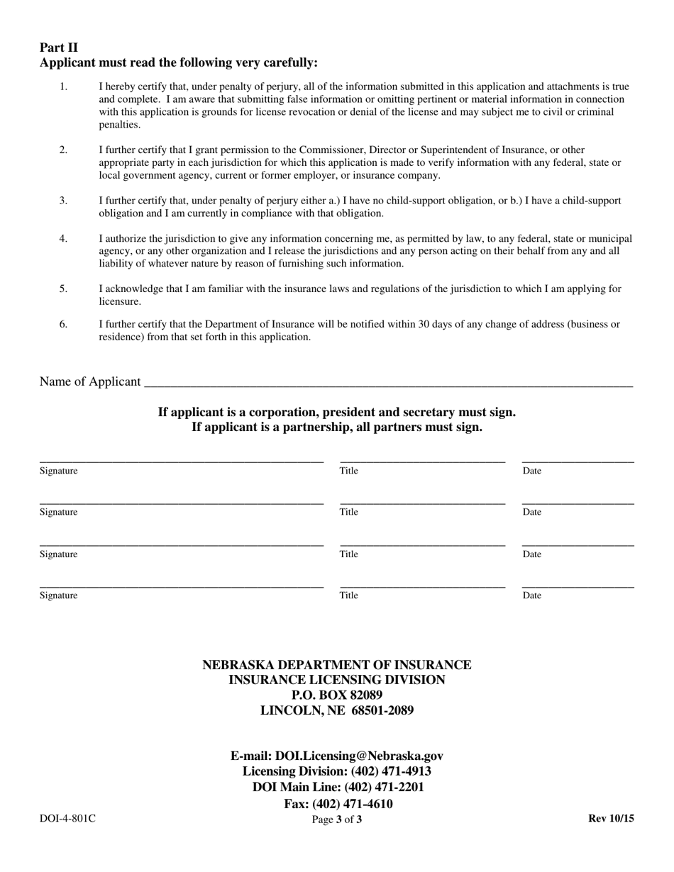 Form DOI-4-801C Application for Insurance Consultants License (Corporation or Partnership) - Nebraska, Page 5