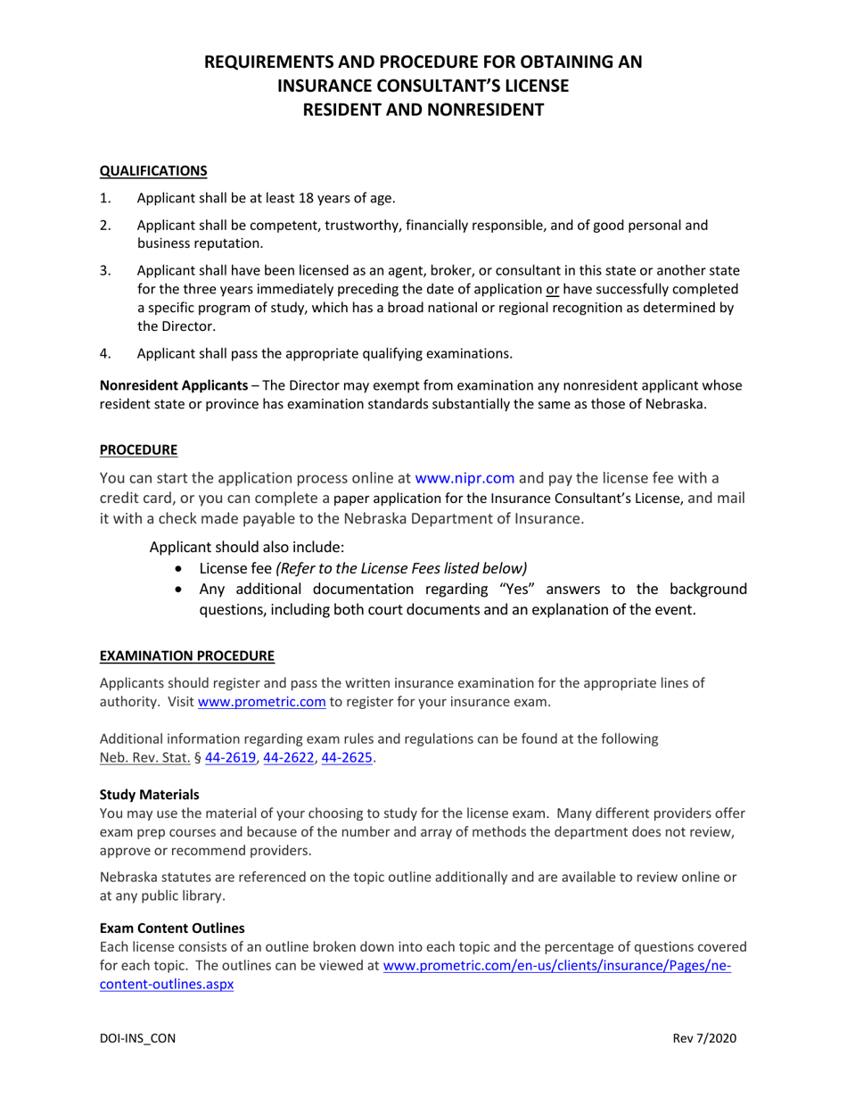 Form DOI-INS_CON Insurance Consultant License Application - Nebraska, Page 1