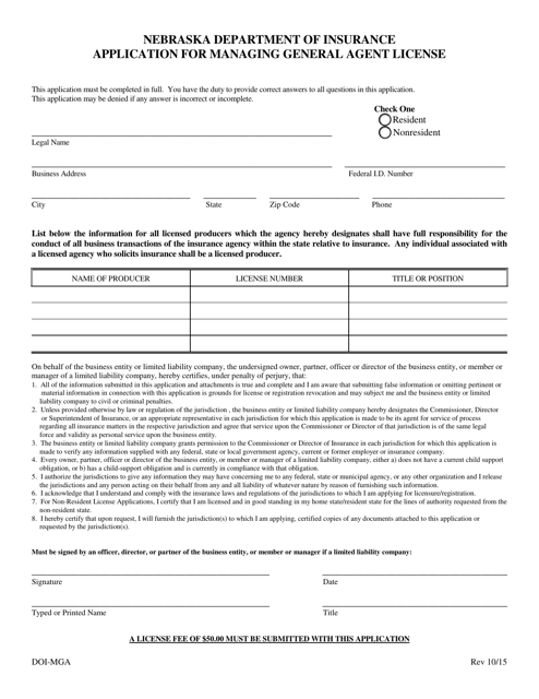 Application for Managing General Agent License - Nebraska Download Pdf