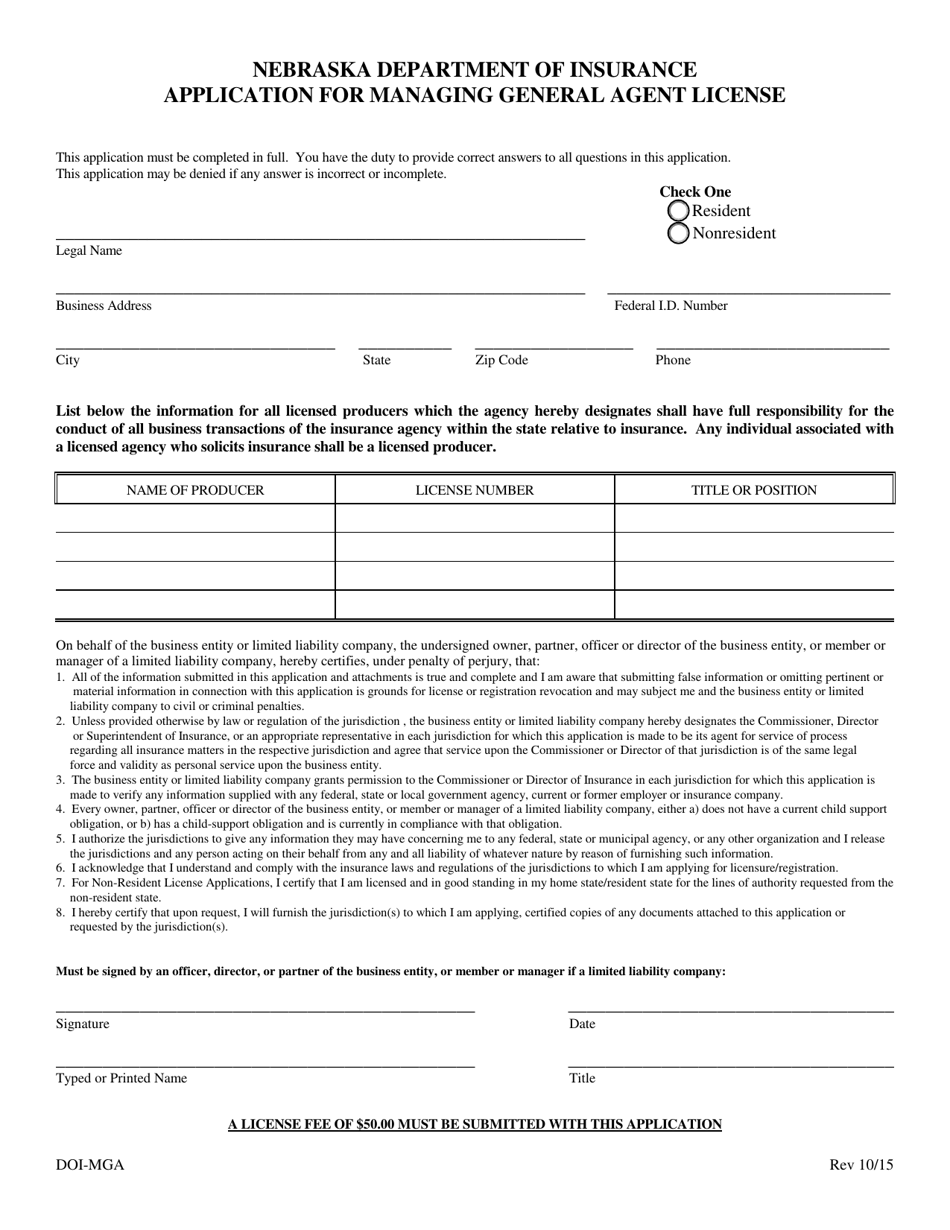 Application for Managing General Agent License - Nebraska, Page 1