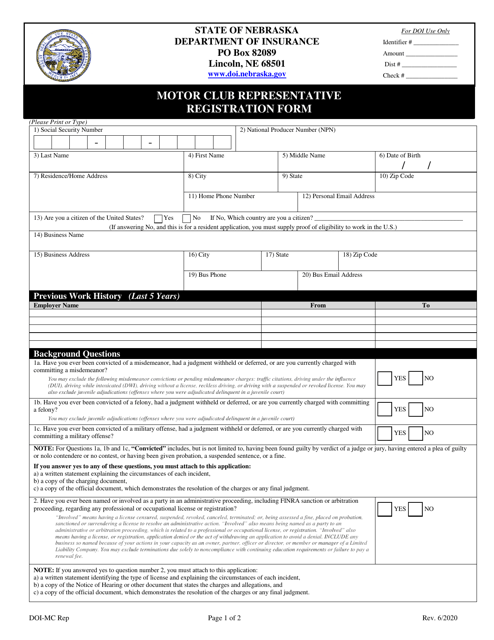 Motor Club Representative Registration Form - Nebraska Download Pdf