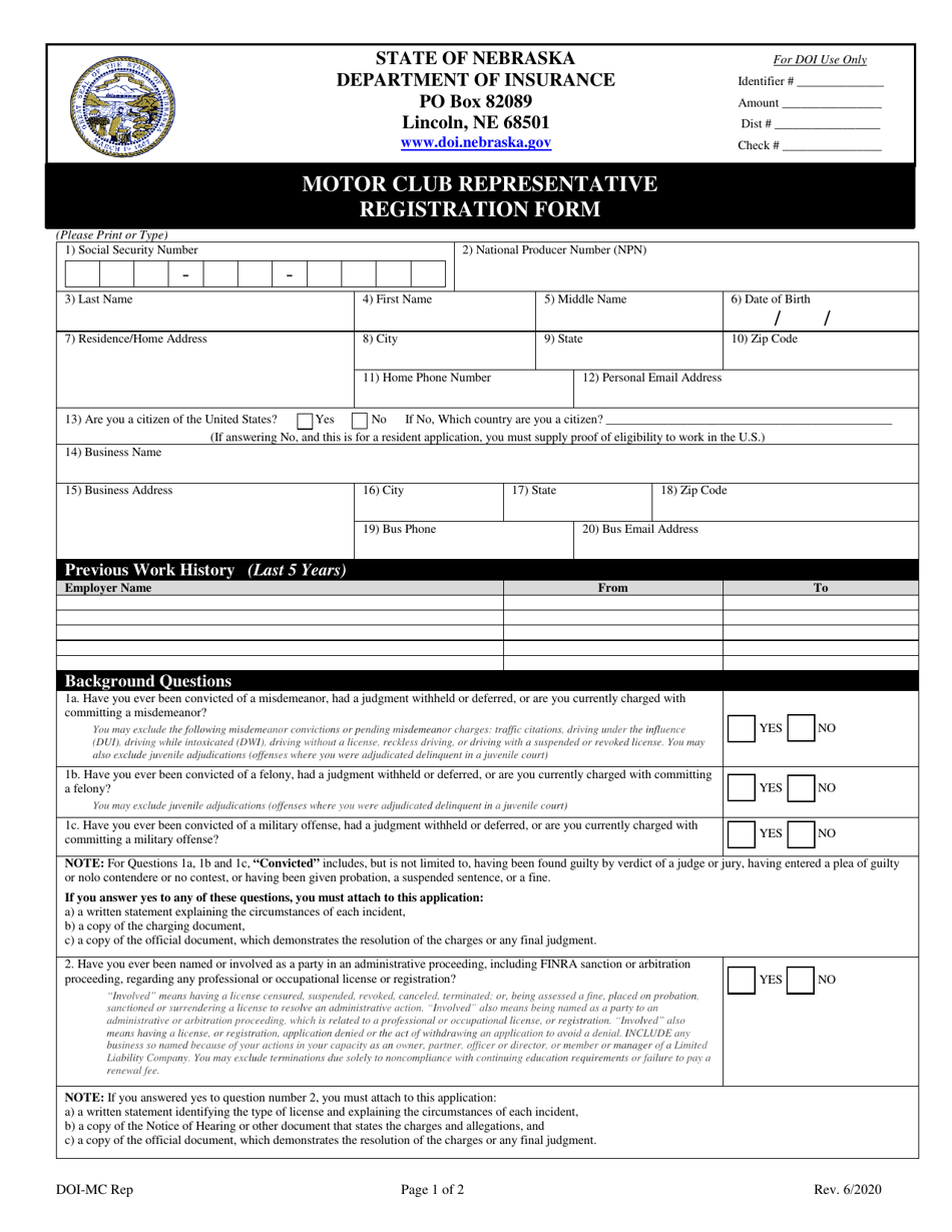 Nebraska Motor Club Representative Registration Form Download Fillable PDF  | Templateroller