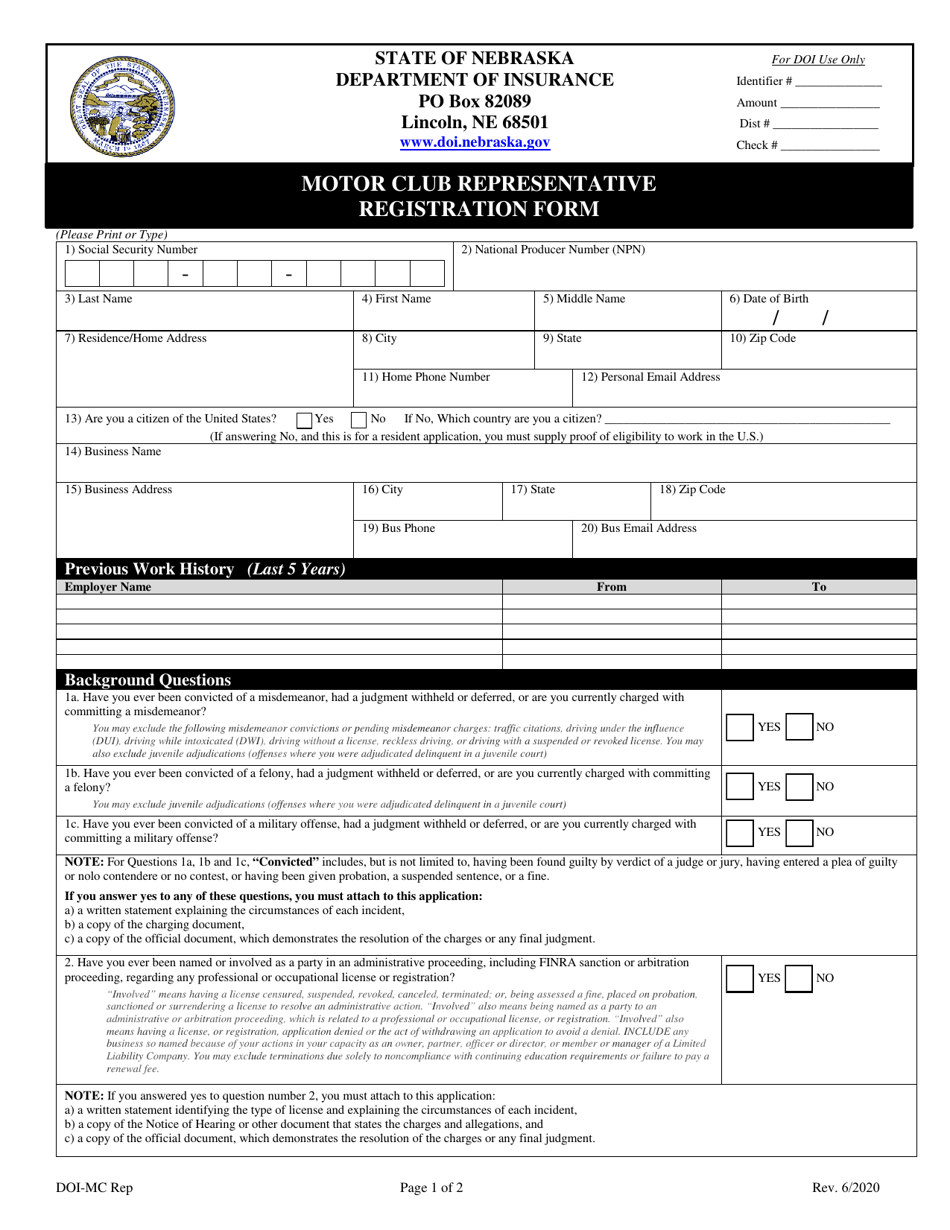 Motor Club Representative Registration Form - Nebraska, Page 1