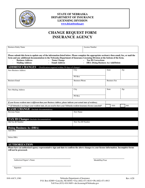 Form DOI-AGCY_CHG Change Request Form - Insurance Agency - Nebraska