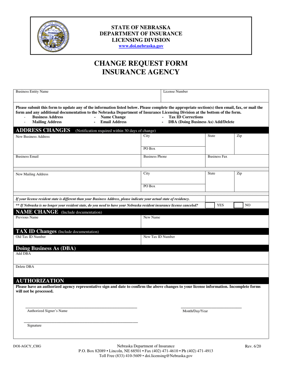 Form DOI-AGCY_CHG Change Request Form - Insurance Agency - Nebraska, Page 1