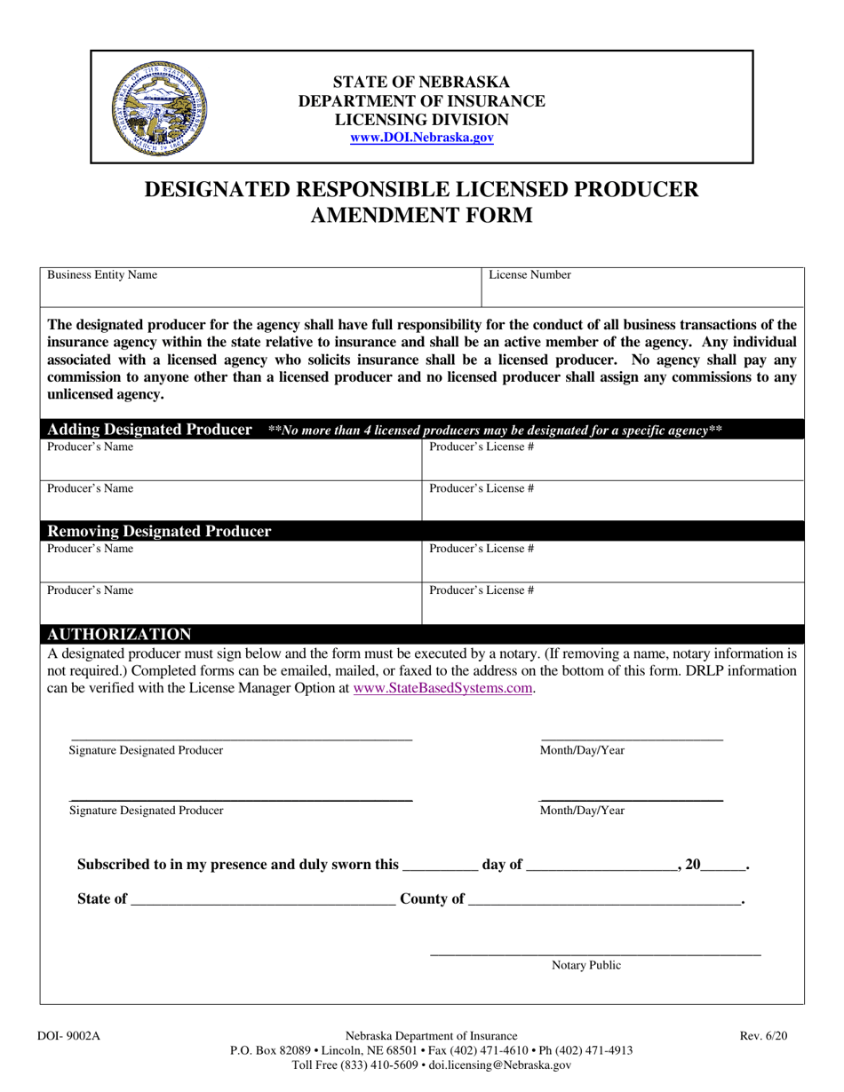 Form DOI-9002A Designated Responsible Licensed Producer Amendment Form - Nebraska, Page 1