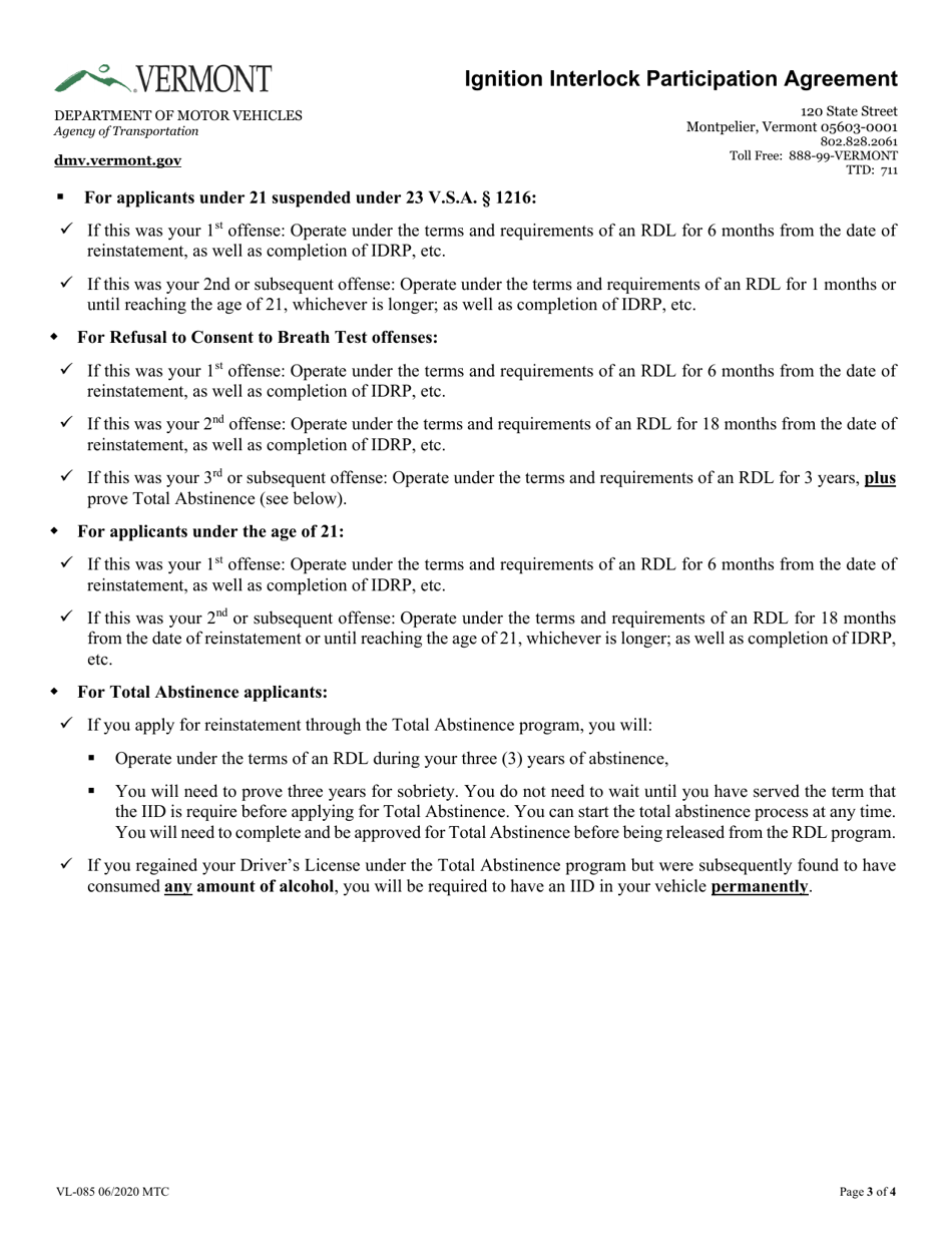 Form VL-085 Ignition Interlock Participation Agreement - Vermont, Page 3