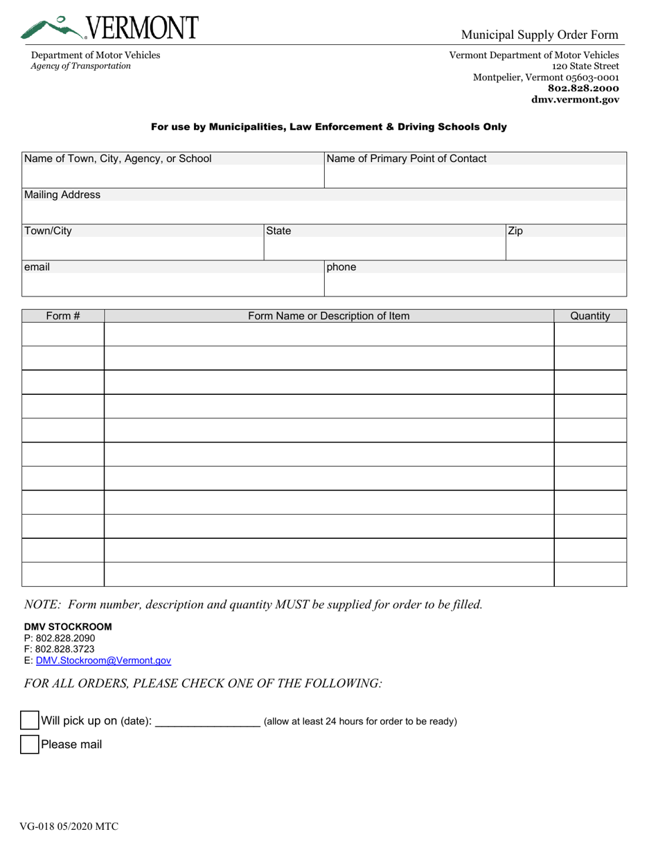 Form VG-018 Download Fillable PDF or Fill Online Municipal Supply Order ...