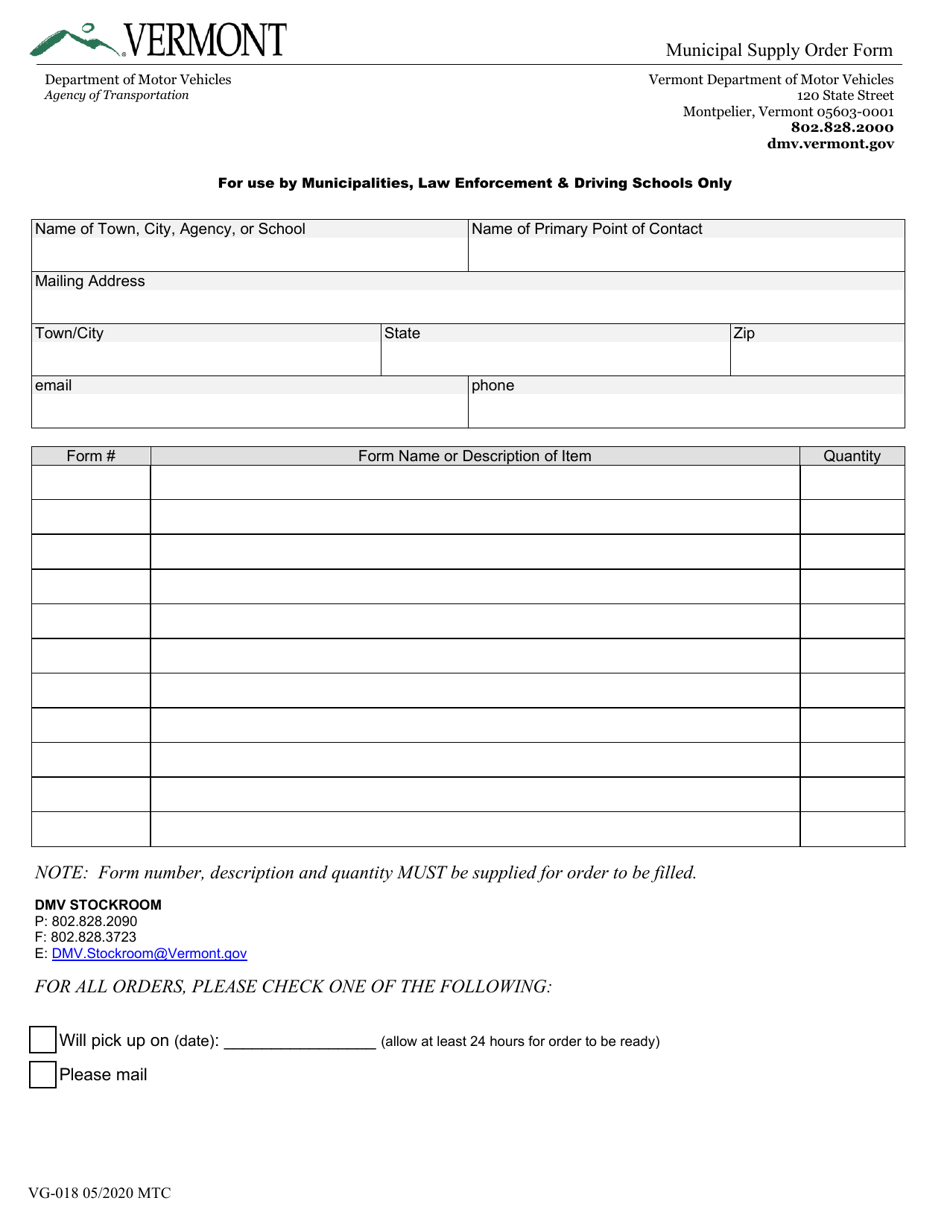 Form VG-018 Municipal Supply Order Form - Vermont, Page 1
