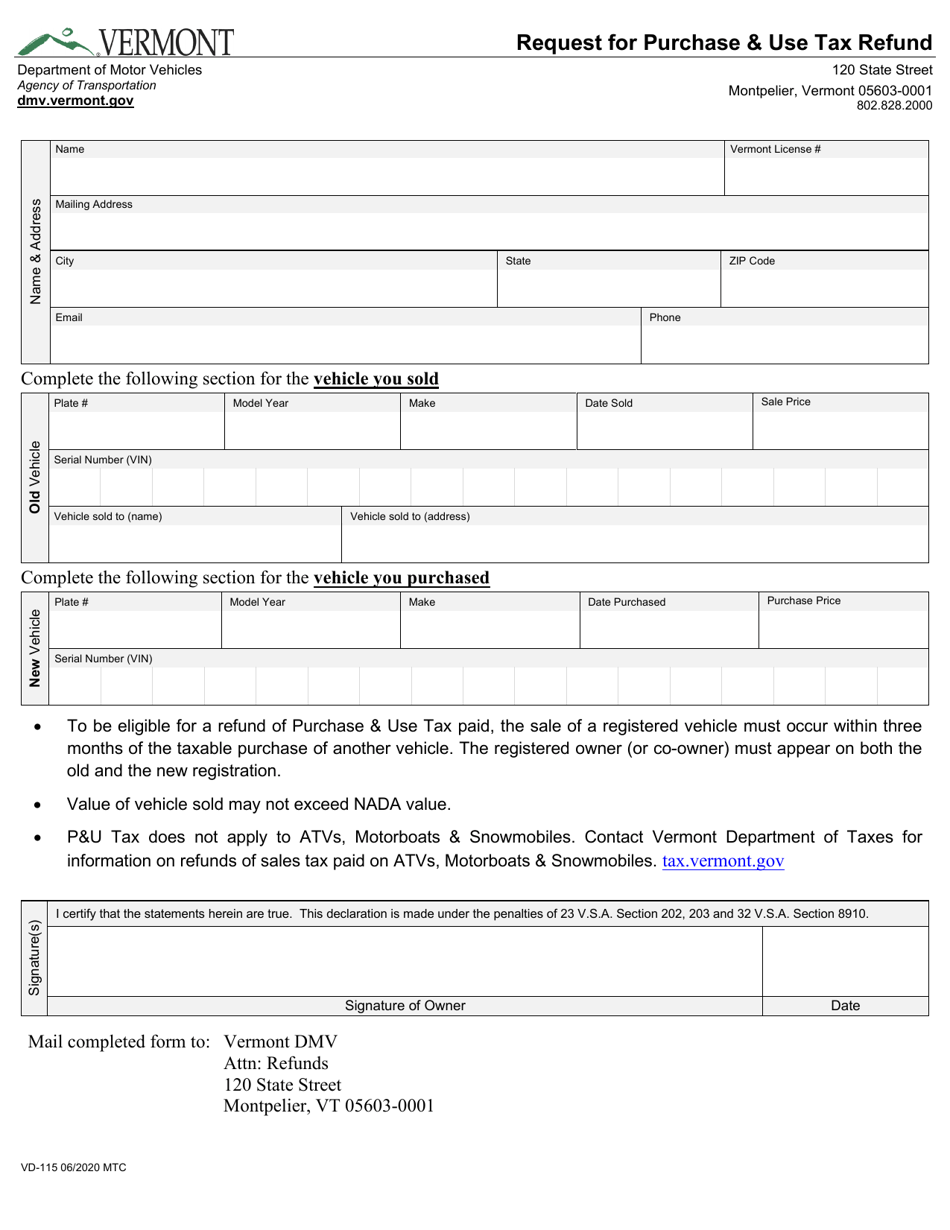 Form VD-115 Request for Purchase  Use Tax Refund - Vermont, Page 1