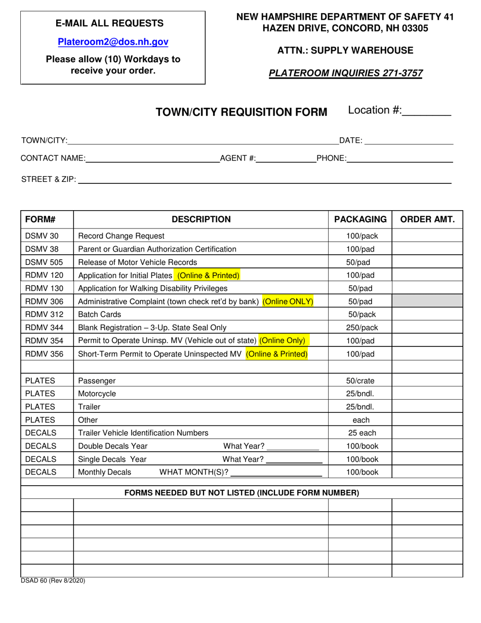Form DSAD60 Download Fillable PDF or Fill Online Town/City Requisition New  Hampshire | Templateroller