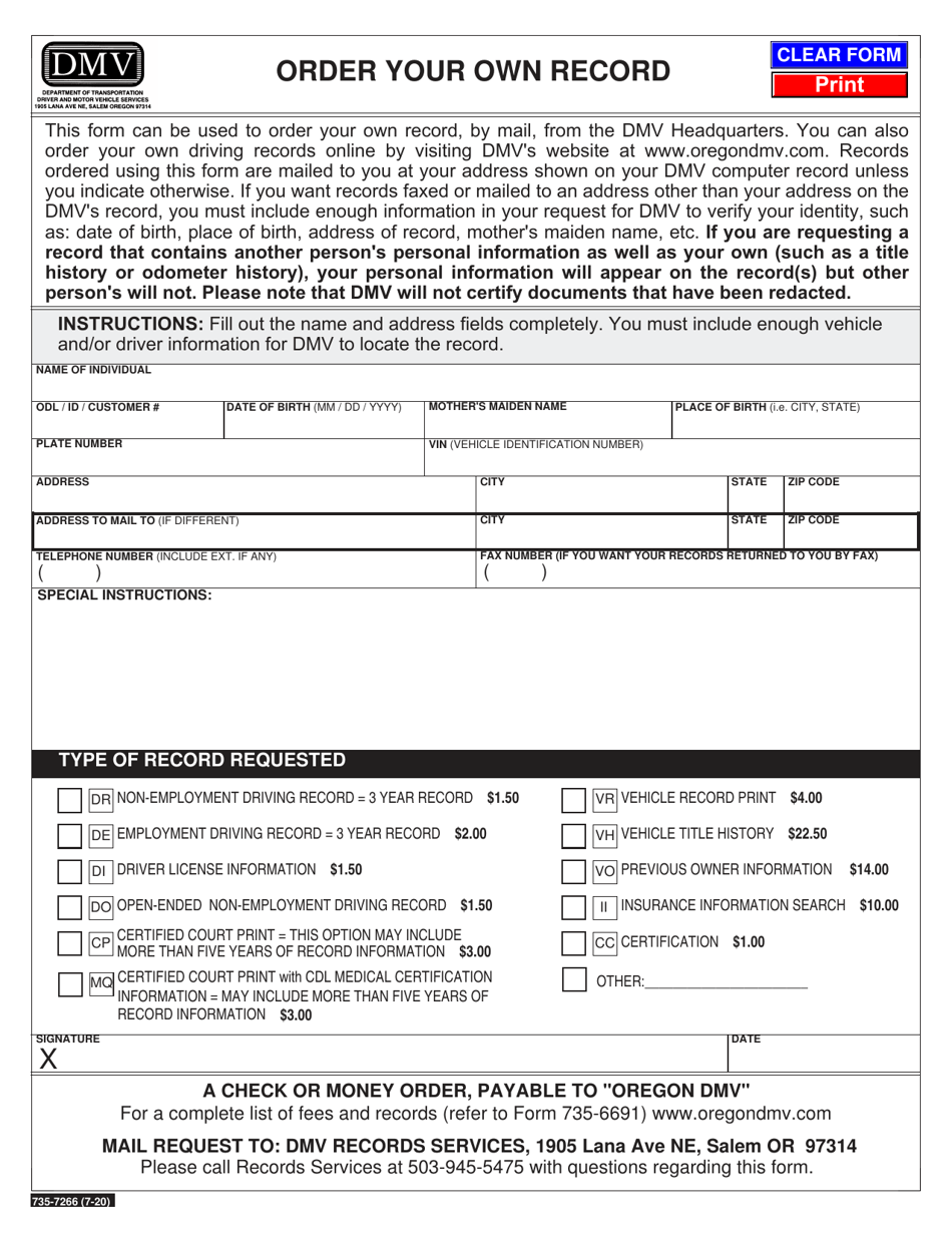 Form 735-7266 Order Your Own Record - Oregon, Page 1