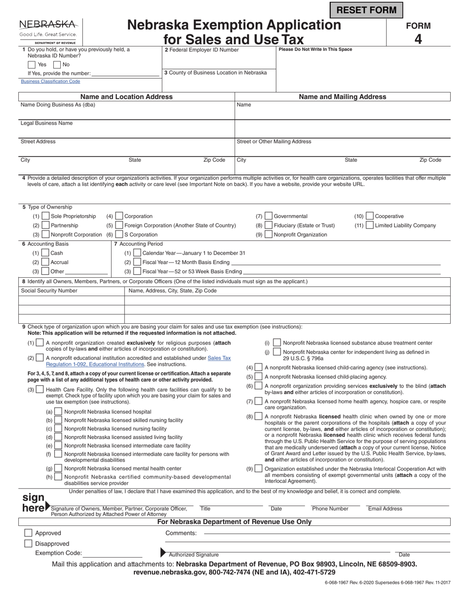 Form 4 Nebraska Exemption Application for Sales and Use Tax - Nebraska, Page 1