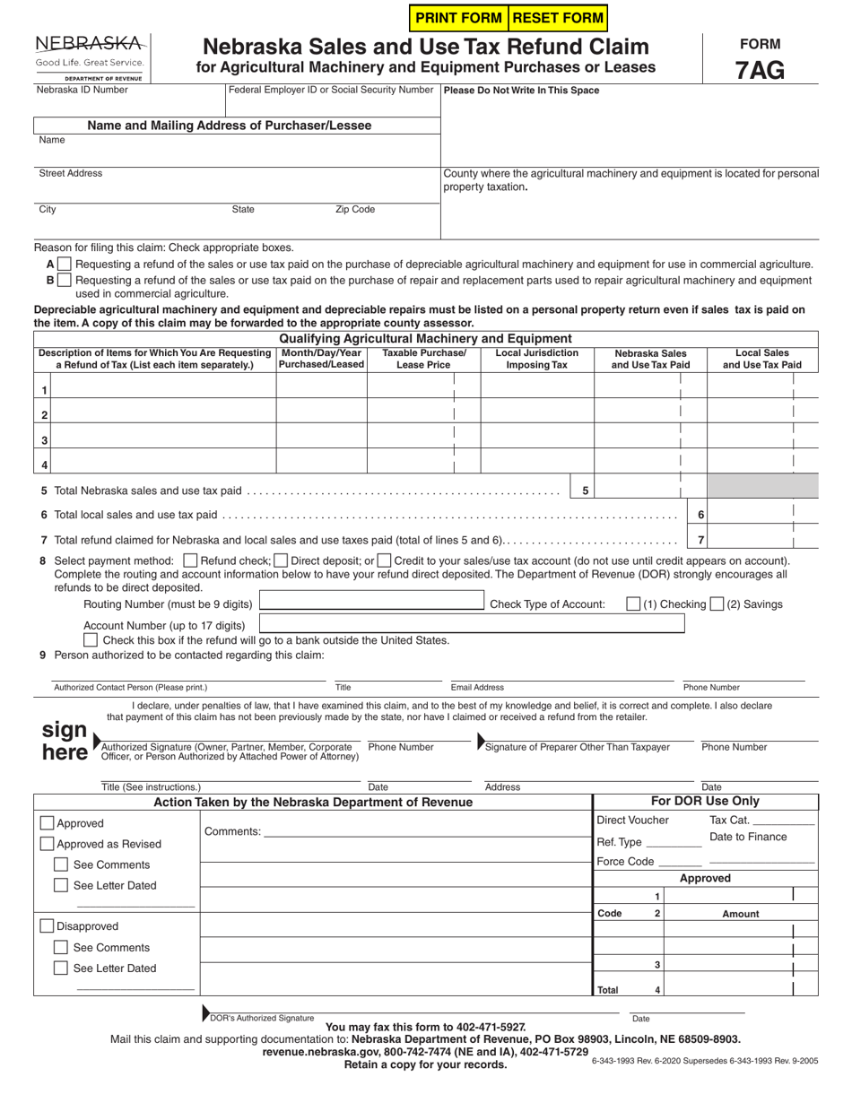 Form 7AG Nebraska Sales and Use Tax Refund Claim for Agricultural Machinery and Equipment Purchases or Leases - Nebraska, Page 1