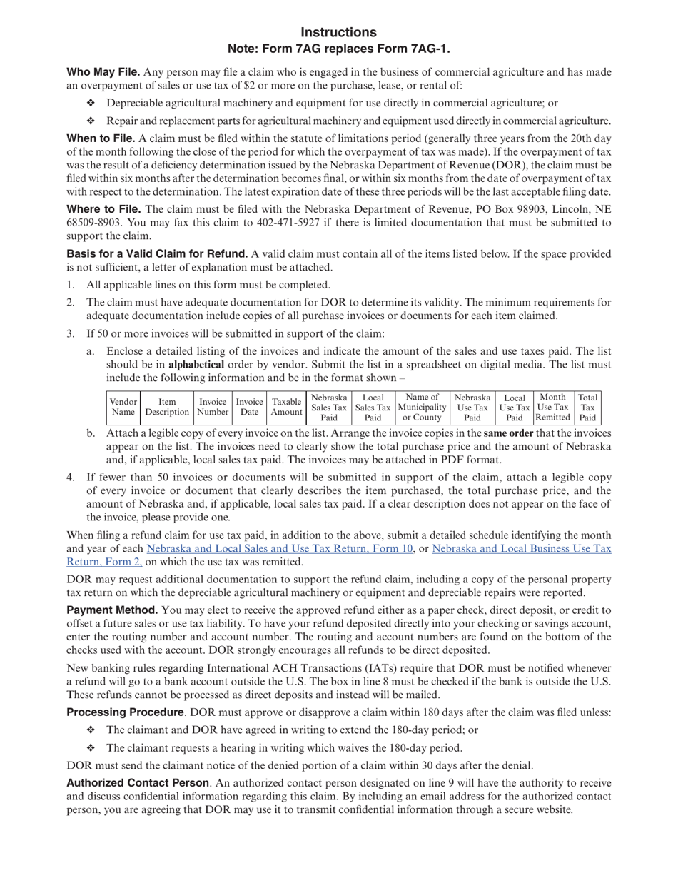 Form 7AG Nebraska Sales and Use Tax Refund Claim for Agricultural Machinery and Equipment Purchases or Leases - Nebraska, Page 2