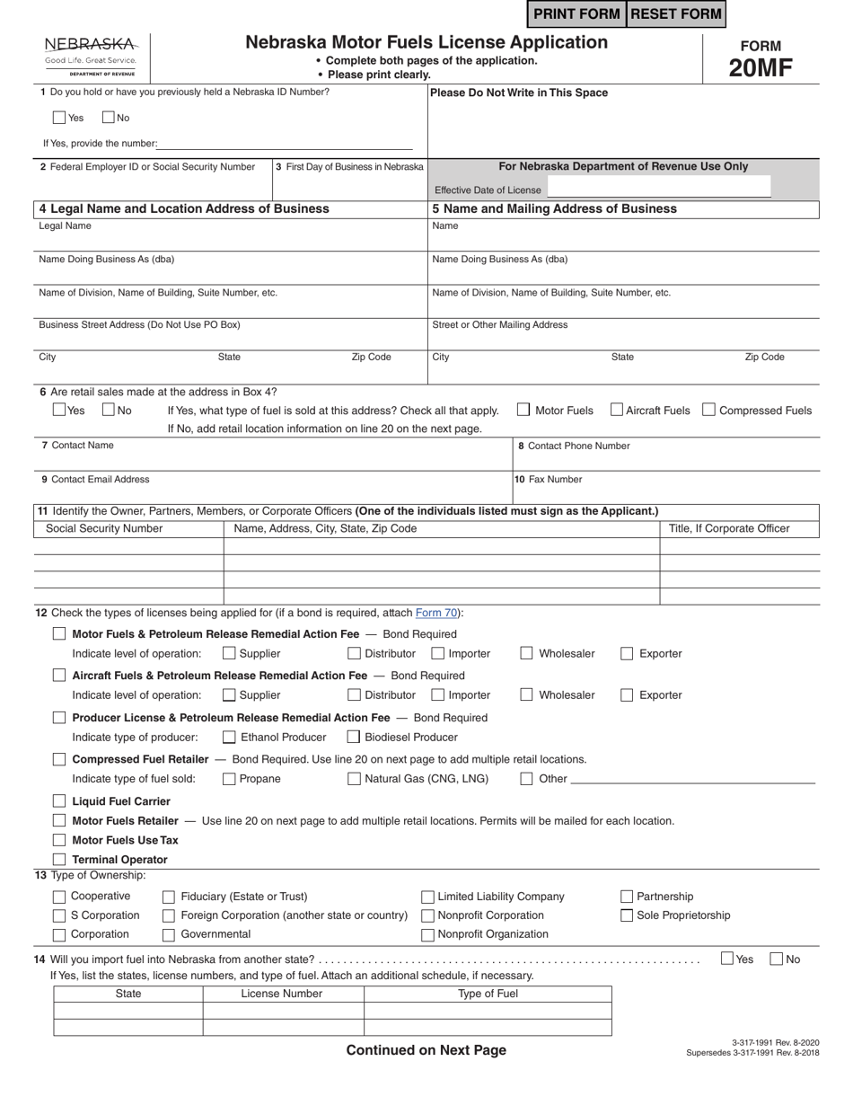 Form 20MF Nebraska Motor Fuels License Application - Nebraska, Page 1