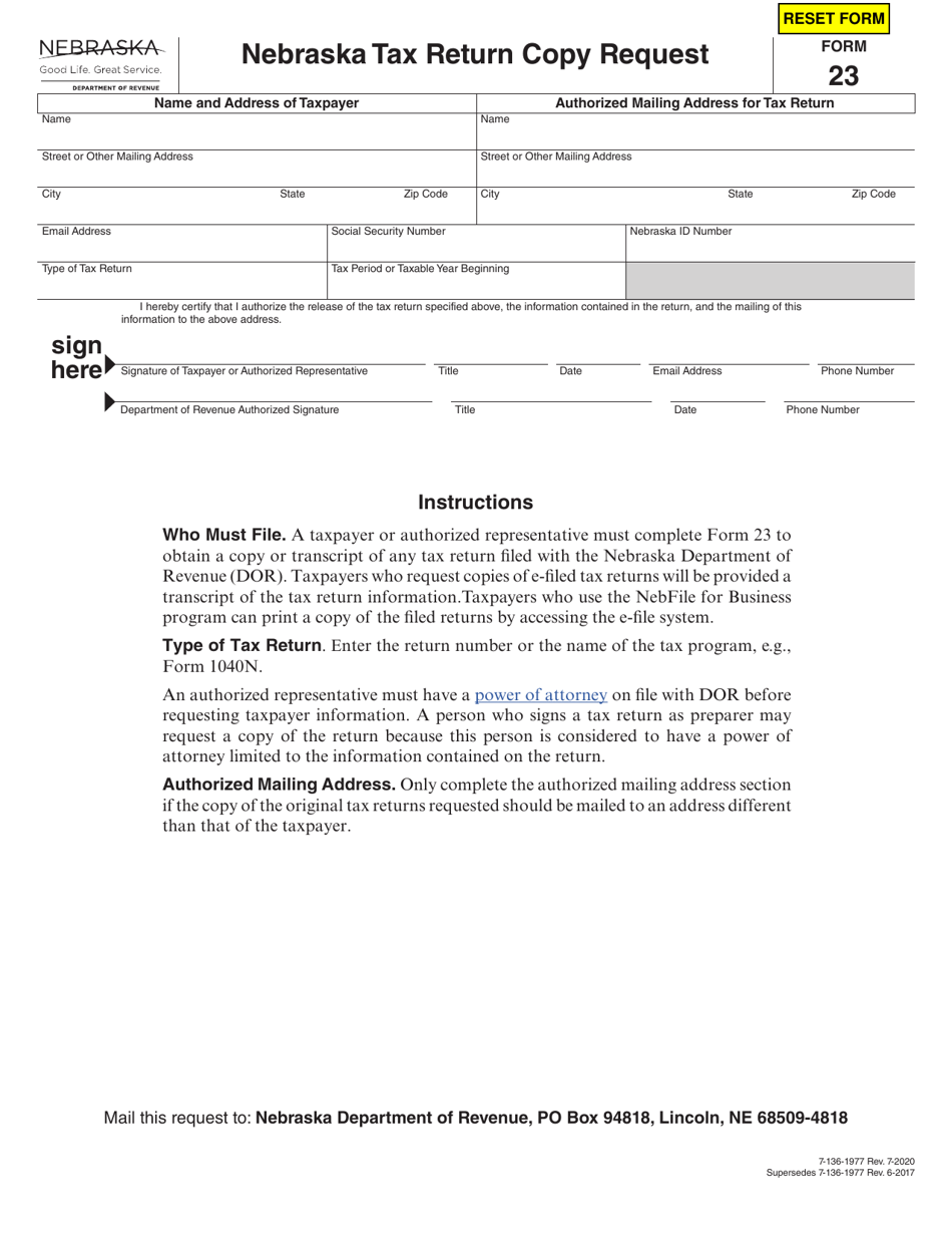 Form 23 Nebraska Tax Return Copy Request - Nebraska, Page 1