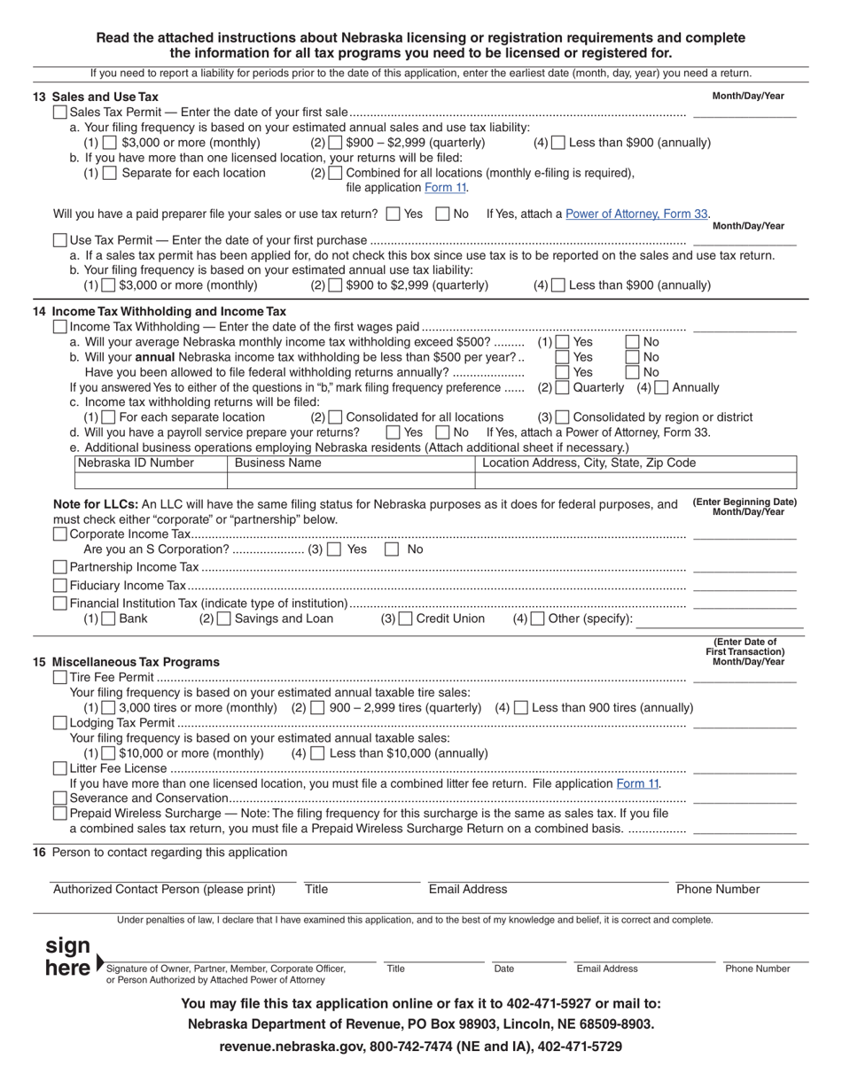 Form 20 Nebraska Tax Application - Nebraska, Page 2