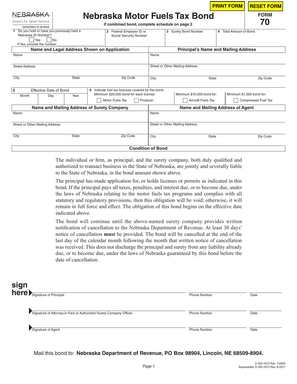 Form 70 Nebraska Motor Fuels Tax Bond - Nebraska, Page 1