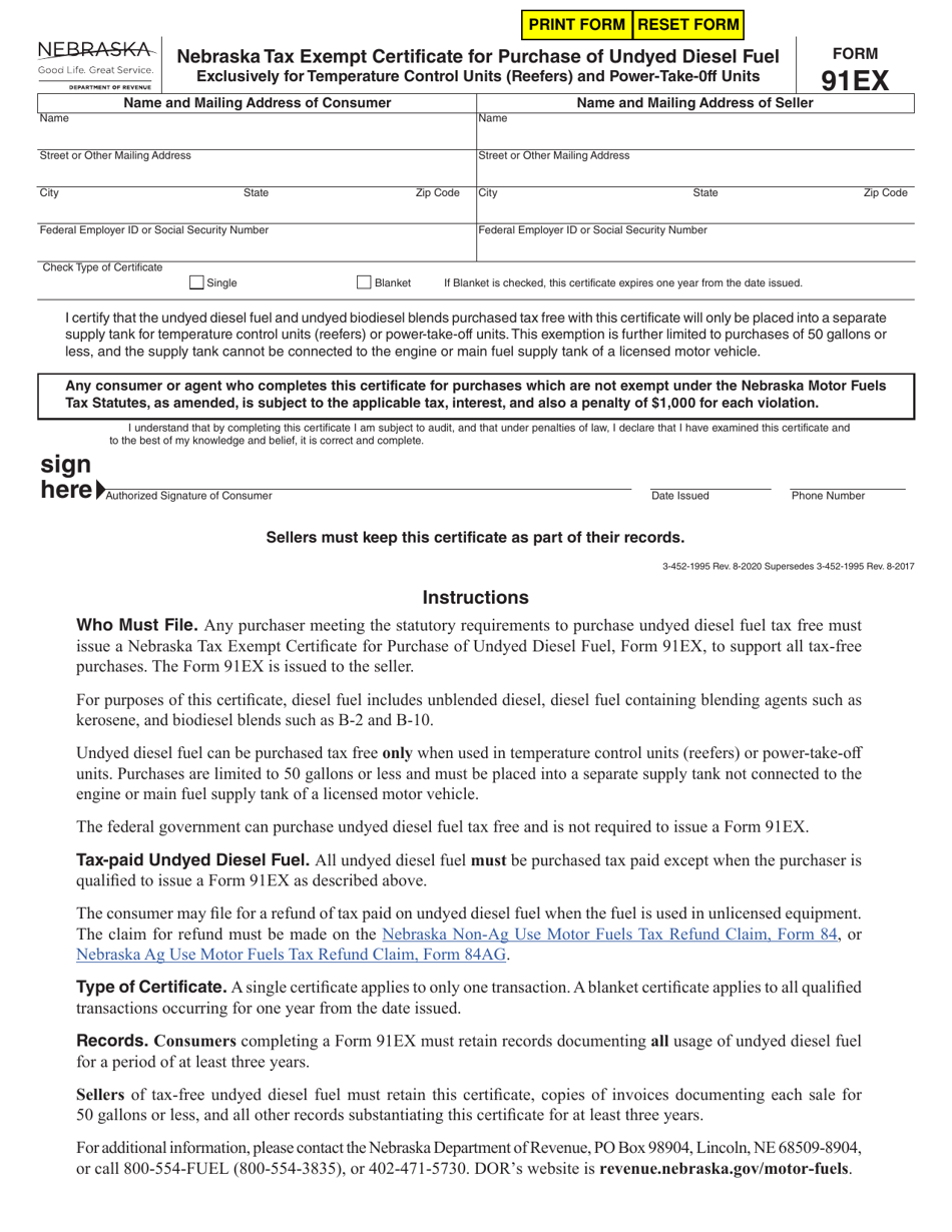 Form 91EX Nebraska Tax Exempt Certificate for Purchase of Undyed Diesel Fuel - Nebraska, Page 1