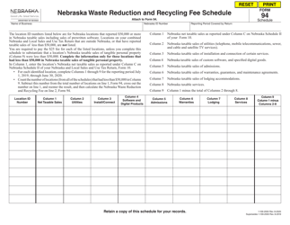 Document preview: Form 94 Nebraska Waste Reduction and Recycling Fee Schedule - Nebraska