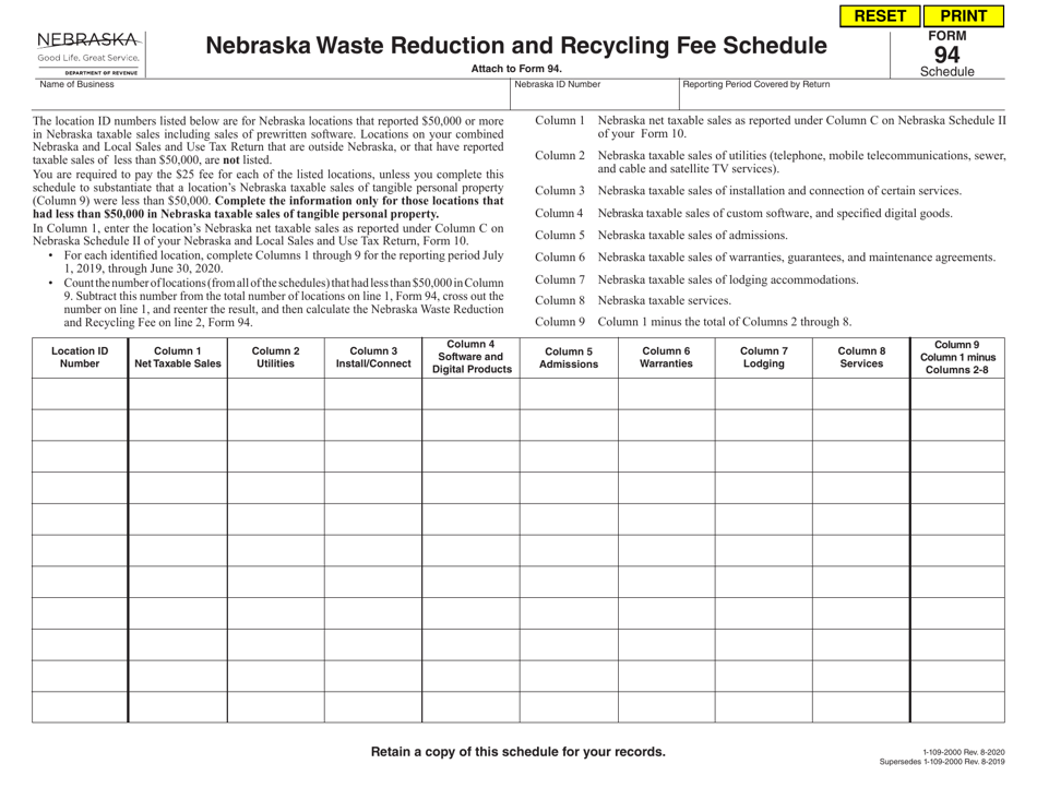 Form 94 Nebraska Waste Reduction and Recycling Fee Schedule - Nebraska, Page 1