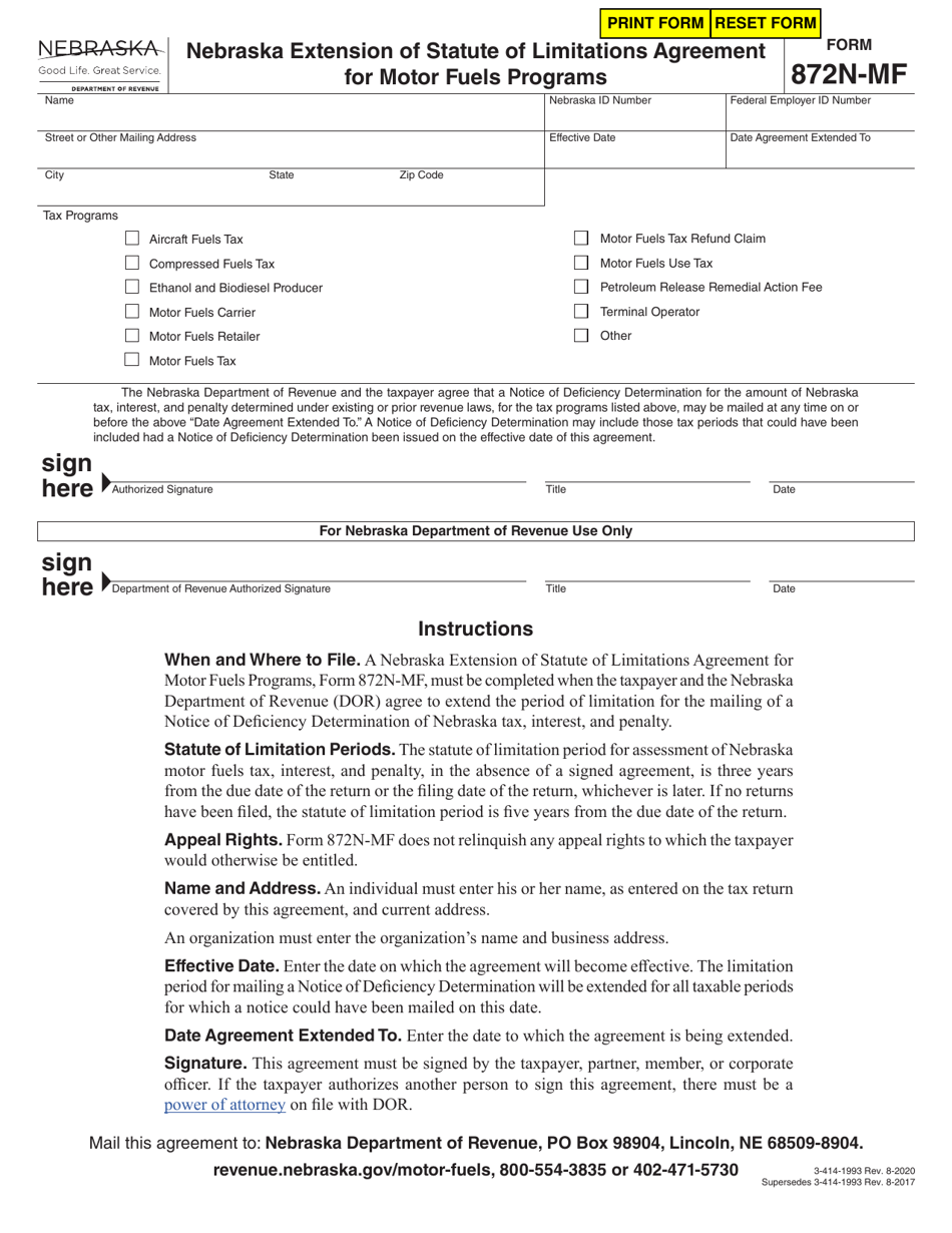 Form 872NMF Download Fillable PDF or Fill Online Nebraska Extension of