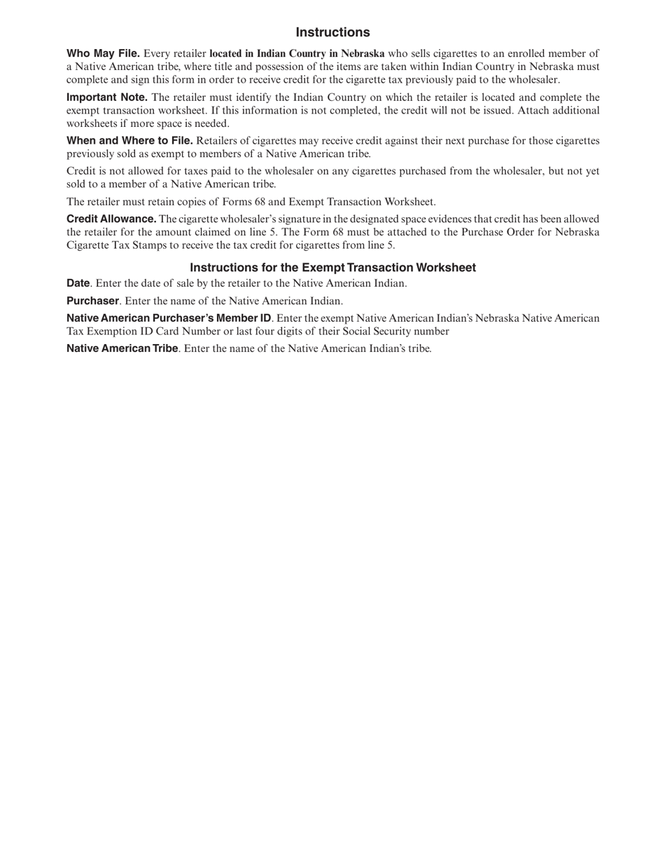 Form 68 Nebraska Credit Computation for Cigarettes Sold to Native American Indian Tribal Members in Indian Country - Nebraska, Page 3