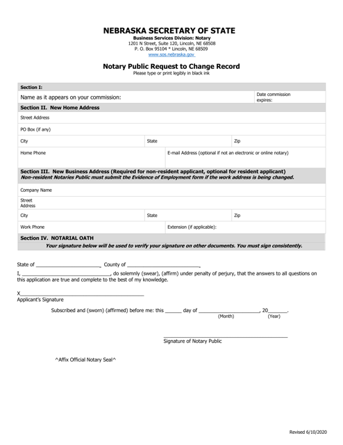 Notary Public Request to Change Record - Nebraska Download Pdf