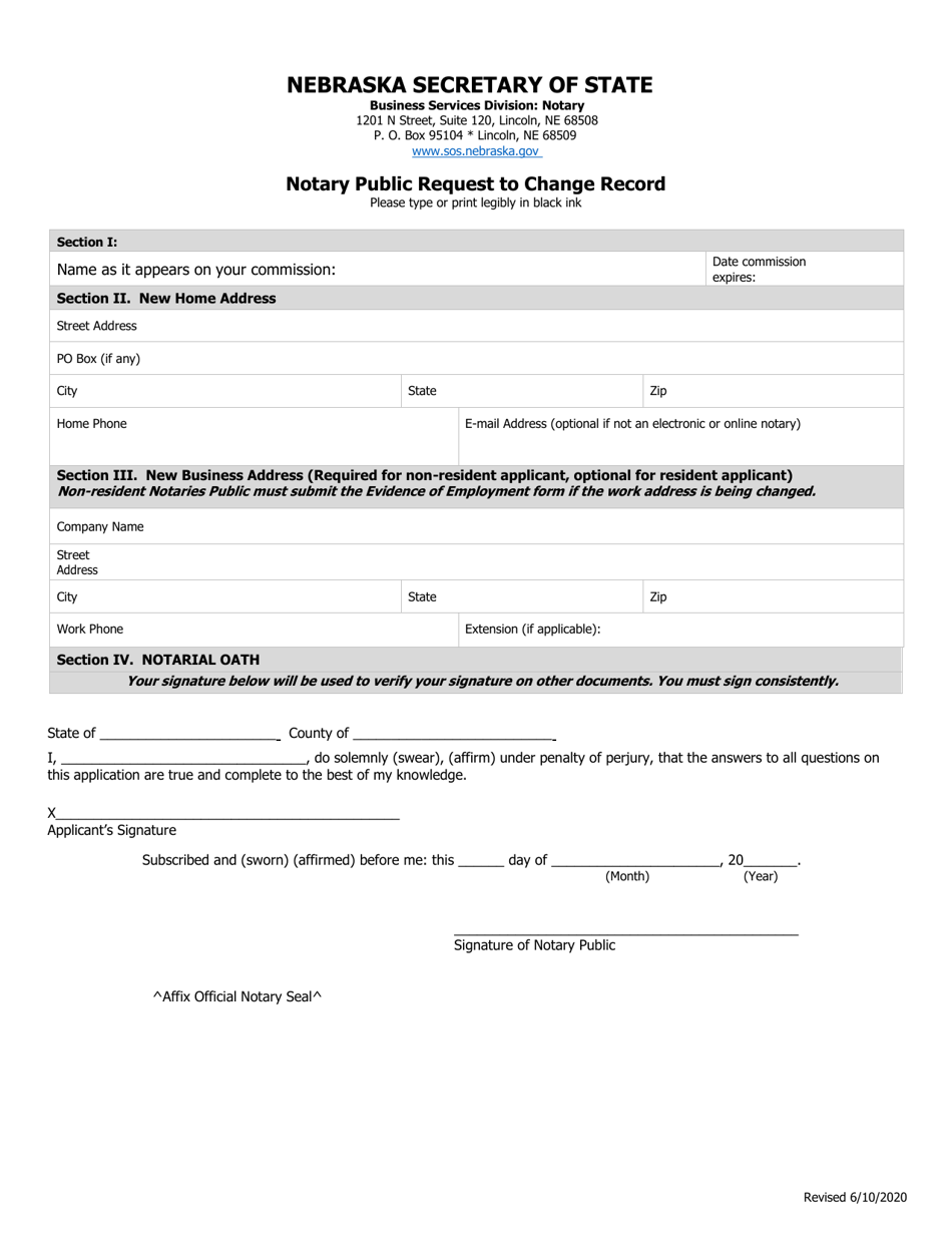 Notary Public Request to Change Record - Nebraska, Page 1