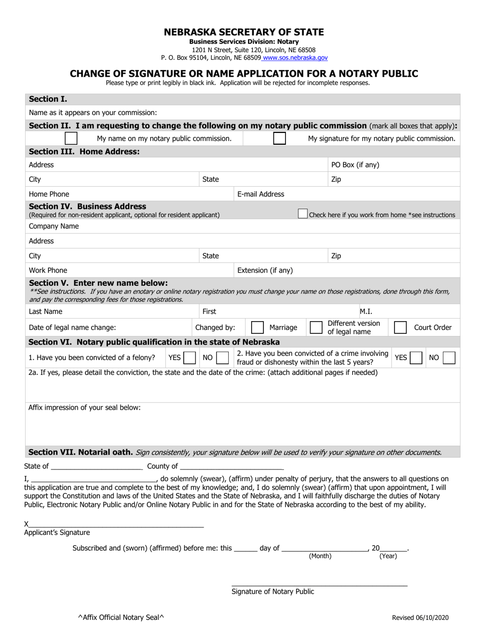 Change of Signature or Name Application for a Notary Public - Nebraska, Page 1