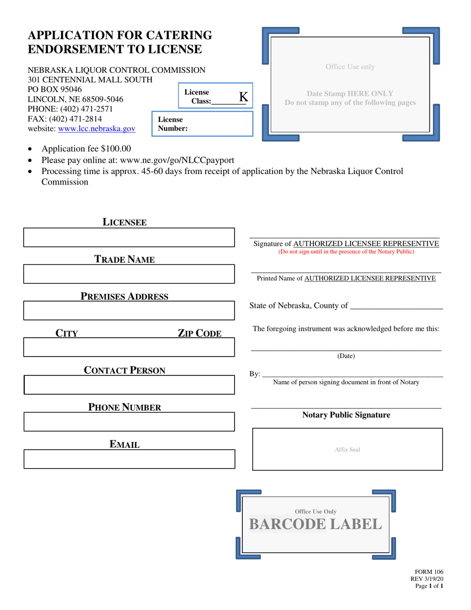 Form 106 Application for Catering Endorsement to License - Nebraska, Page 1