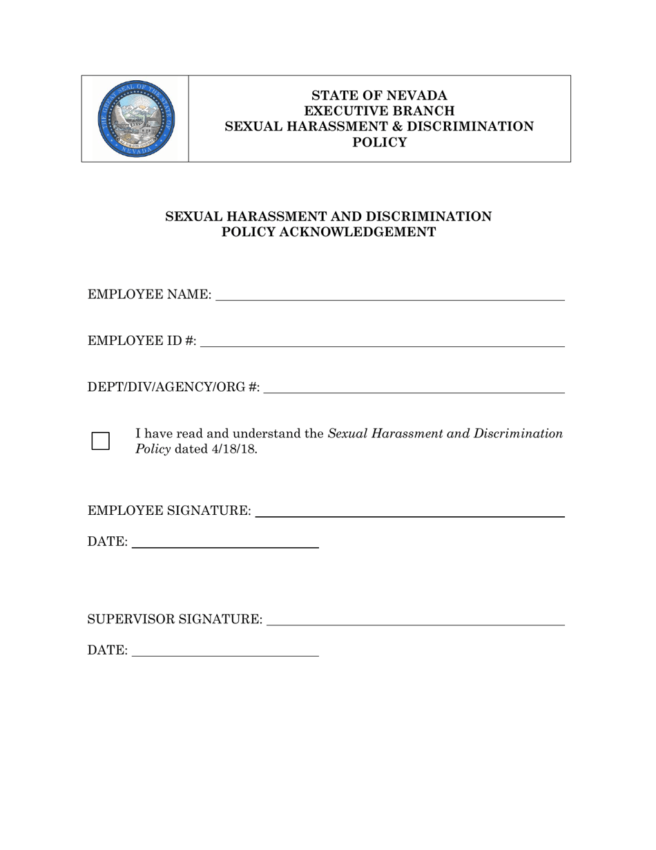 Nevada Sexual Harassment And Discrimination Policy Acknowledgement Fill Out Sign Online And 1043