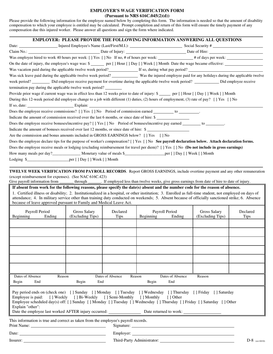 Form D-8 Employers Wage Verification - Nevada, Page 1