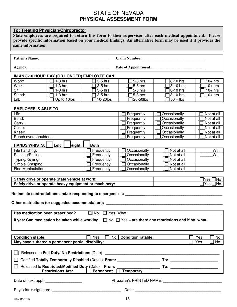 Physical Assessment Form - Nevada, Page 1