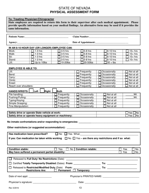 Physical Assessment Form - Nevada Download Pdf