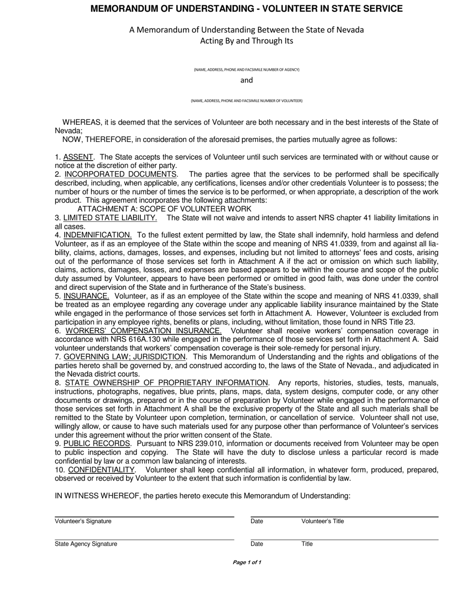 Memorandum of Understanding - Volunteer in State Service - Nevada, Page 1