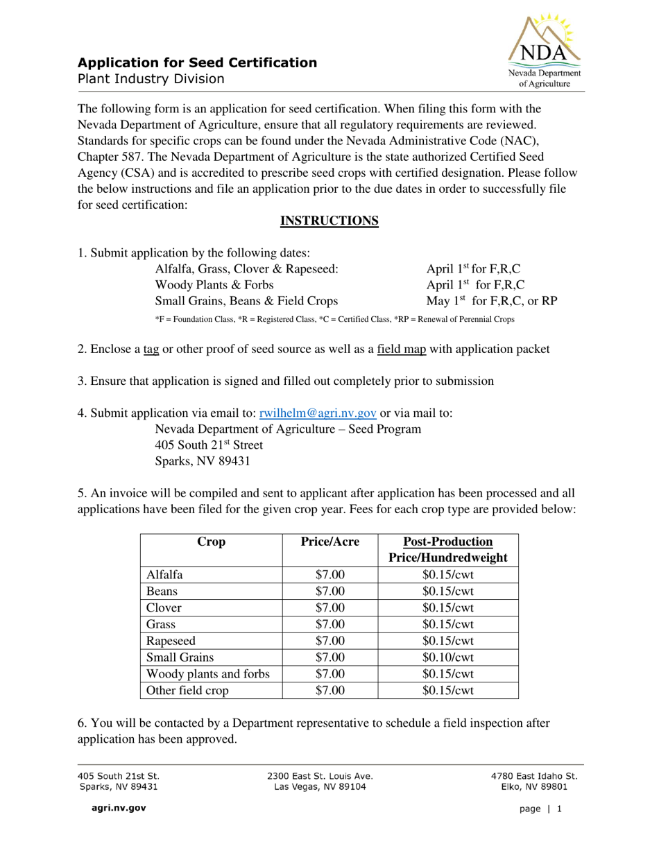 Application for Seed Certification - Nevada, Page 1