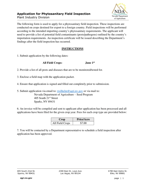 Application for Phytosanitary Field Inspection - Nevada Download Pdf