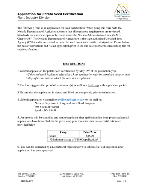 Application for Potato Seed Certification - Nevada Download Pdf