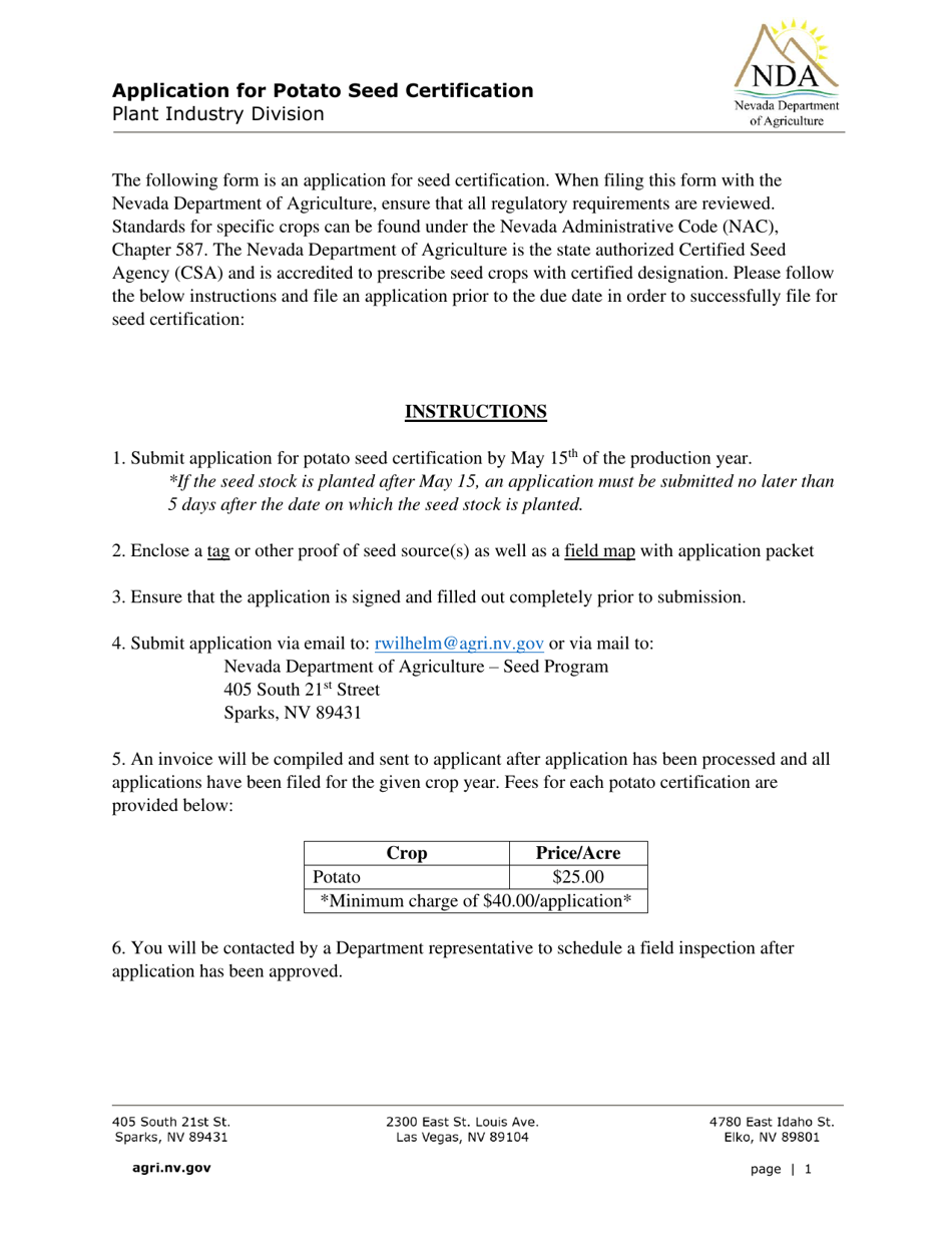 Application for Potato Seed Certification - Nevada, Page 1
