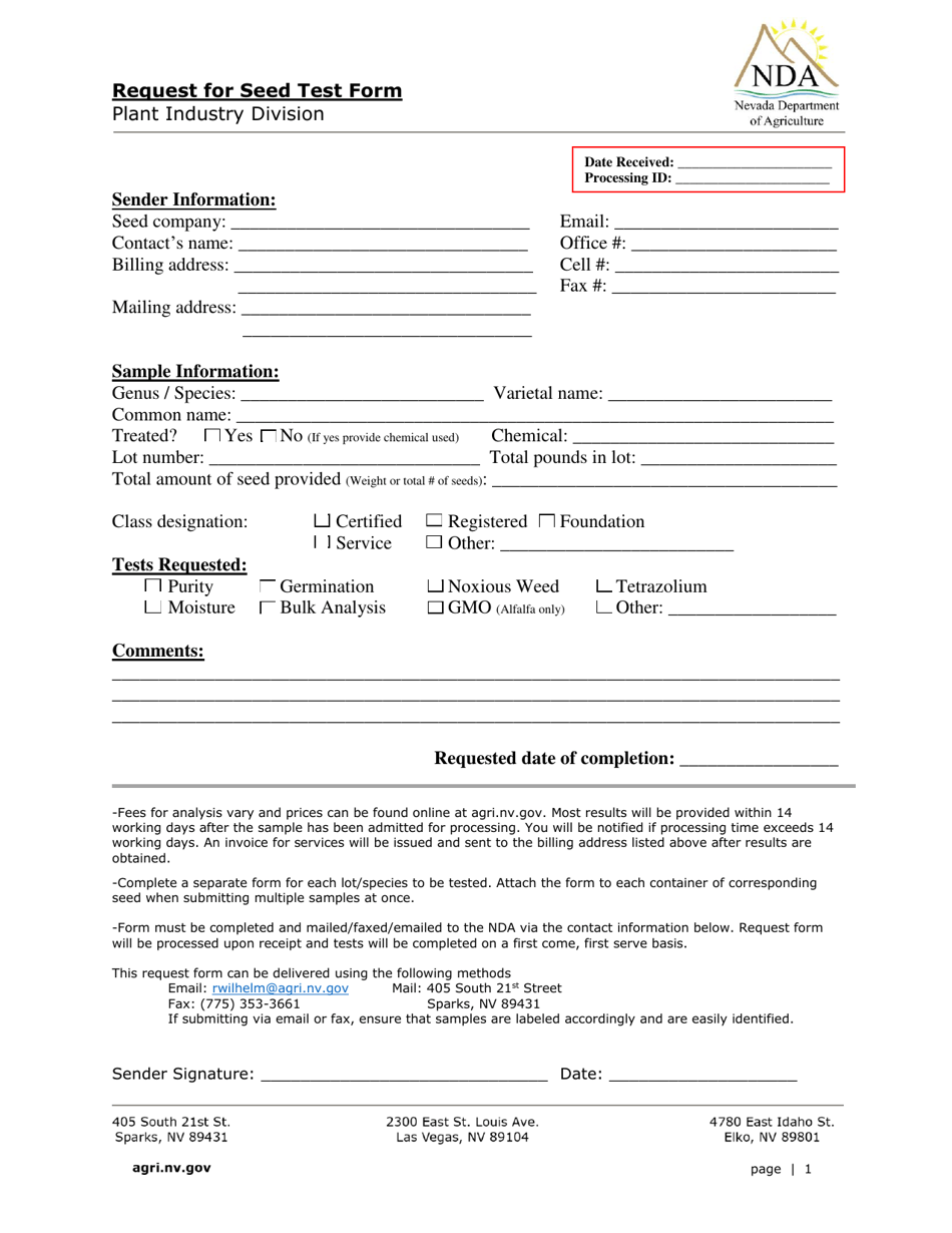 Request for Seed Test Form - Nevada, Page 1