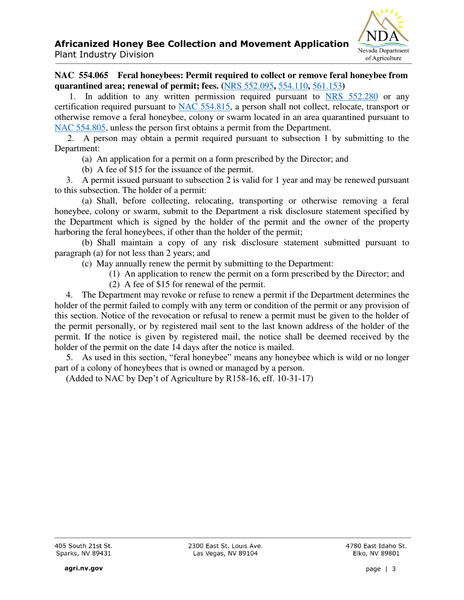 Africanized Honey Bee Collection and Movement Application - Nevada, Page 3