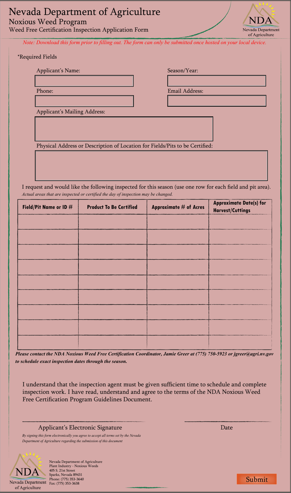 Weed Free Certification Inspection Application Form - Nevada, Page 1