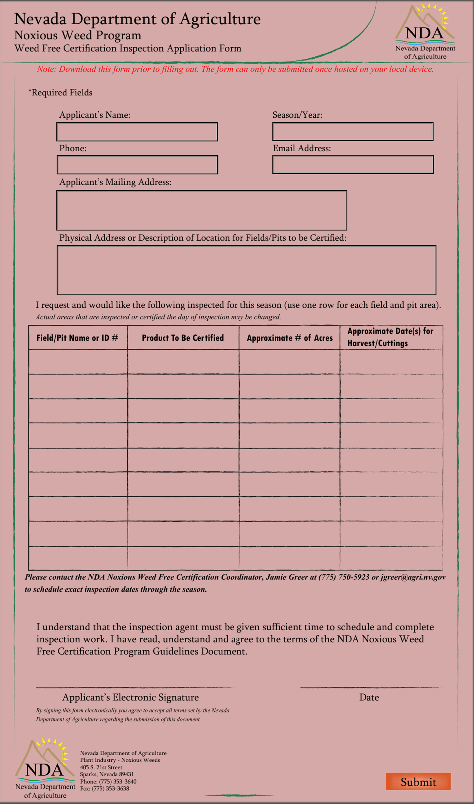 Nevada Weed Free Certification Inspection Application Form Download Nevada Weed Free Certification Inspection Application Form Download