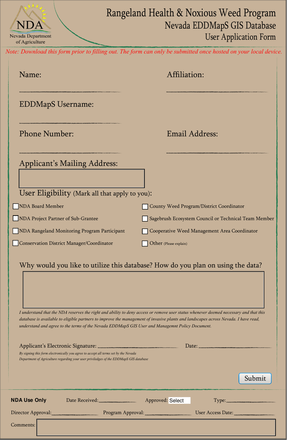 Nevada Eddmaps Gis Database User Application Form - Nevada, Page 1
