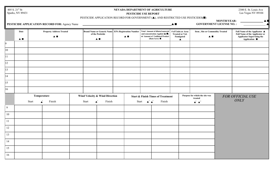 Nevada Pesticide Application Record for Government, and Restricted Use