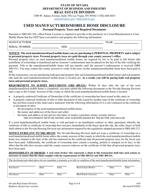 Form 610 Used Manufactured/Mobile Home Disclosure - Nevada