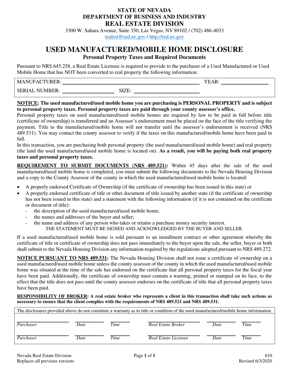 Form 610 Download Fillable PDF or Fill Online Used Manufactured/Mobile Sns-Brigh10