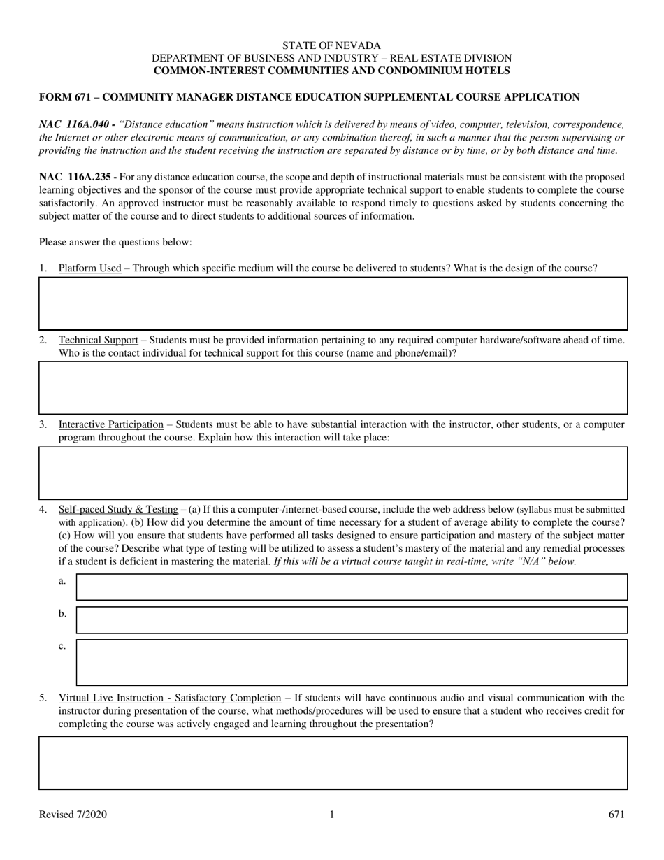 Form 671 Community Manager Distance Education Supplemental Course Application - Nevada, Page 1